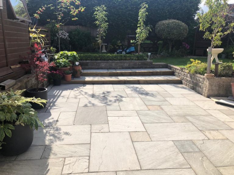 Indian Sandstone Patio with Treated Sleepers in Bishopsworth, Bristol