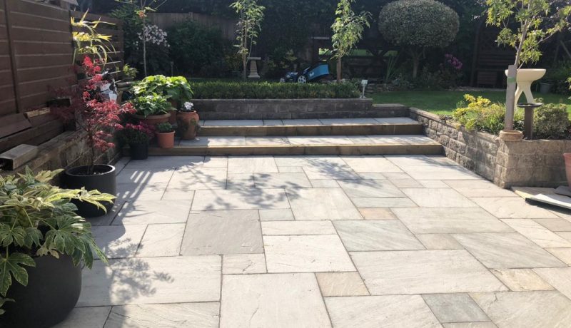 Indian Sandstone Patio with Treated Sleepers in Bishopsworth, Bristol