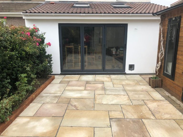Indian Sandstone Patio with Treated Sleepers in Bristol