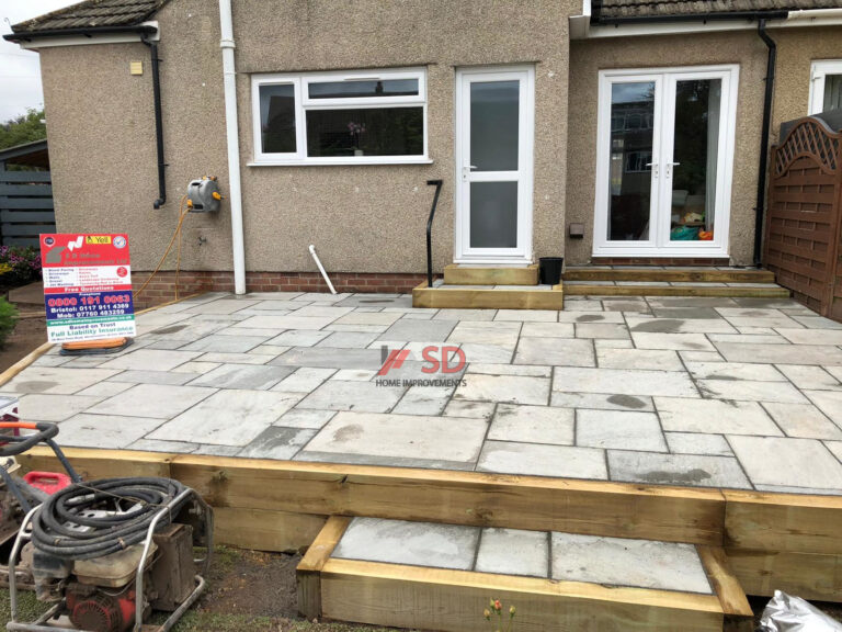 Raised Patio with Treated Sleepers in Longwell Green, Bristol
