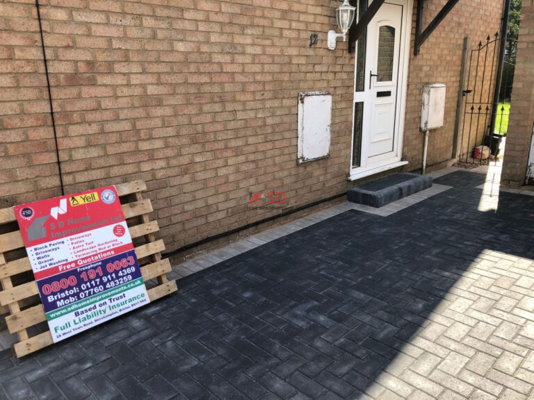 Charcoal Block Paved Driveway with Step and Double Natural Grey Border in Longwell Green